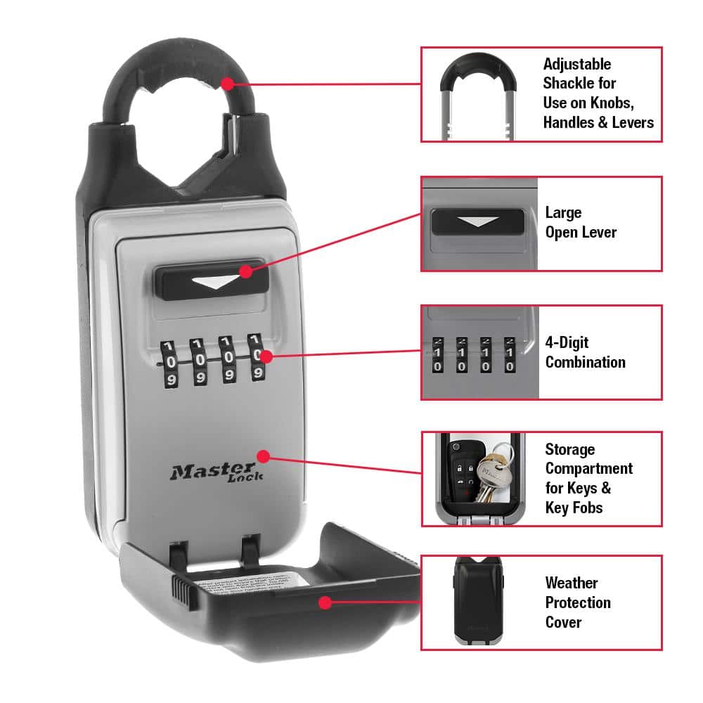 Master Lock Key Lock Box for Knobs and Lever Door Handles, Adjustable Shackle and Resettable Combination (4)