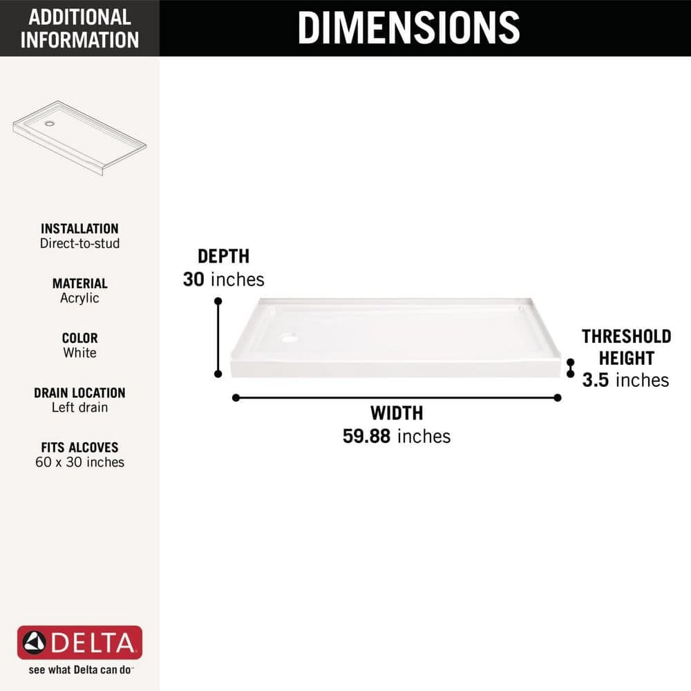 Delta Classic 500 60 in. L 30 in. W Alcove Shower Pan Base with Drain (3)