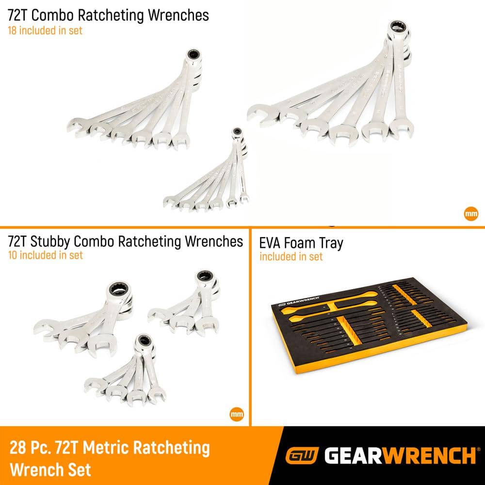 GEARWRENCH 72T Metric Standard and Stubby Ratcheting Wrench Set with EVA Foam Tray (28-Piece) (2)