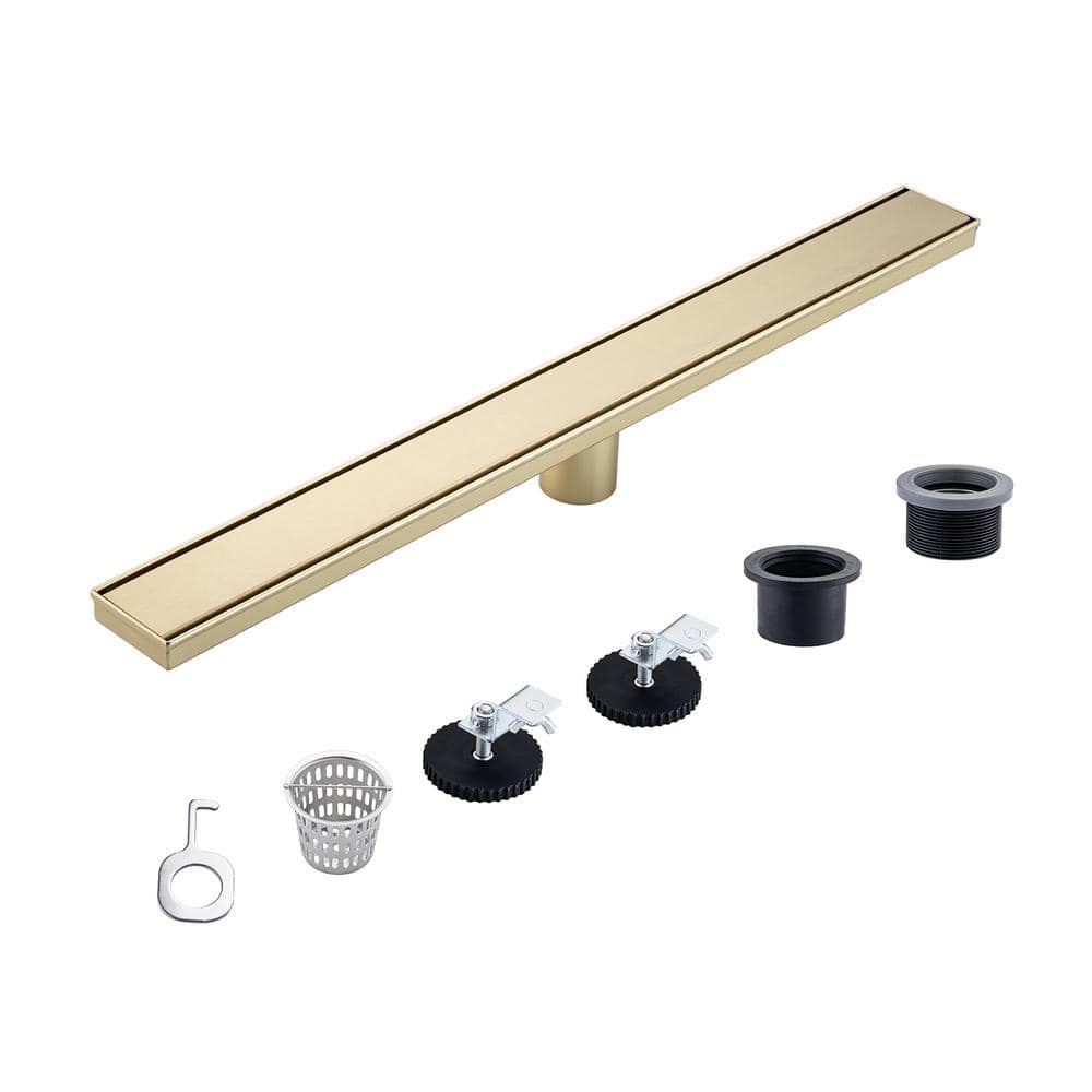 RAINLEX 28 in. Stainless Steel Linear Shower Drain with Tile-in Cover in Brushed Gold (1)
