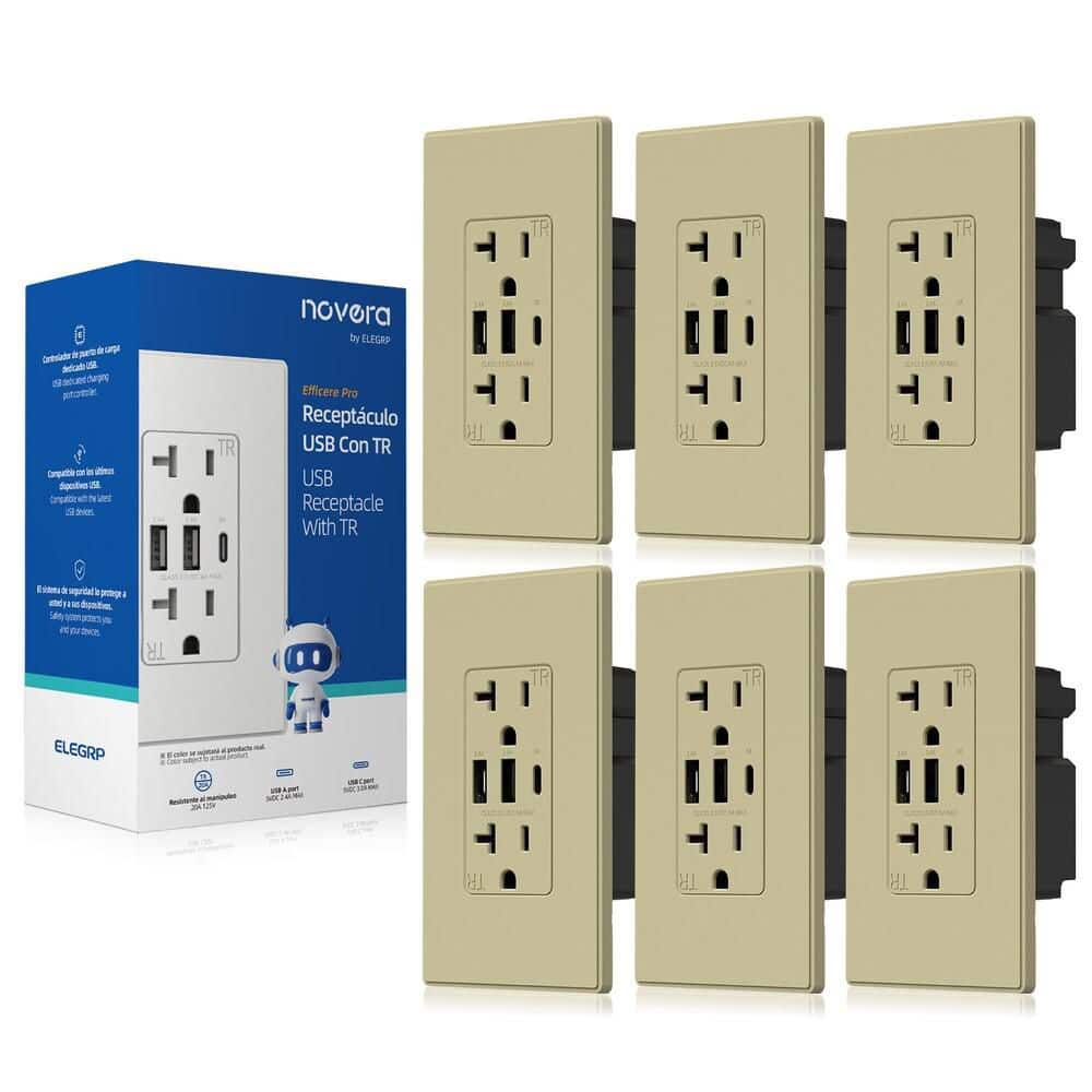 ELEGRP 30W 6.0 Amp 3-Port USB Wall Outlet, 20A Duplex Receptacle with Dual USB Ports, w/Srewless Wall Plate, Matte Ivory 6PC (1)