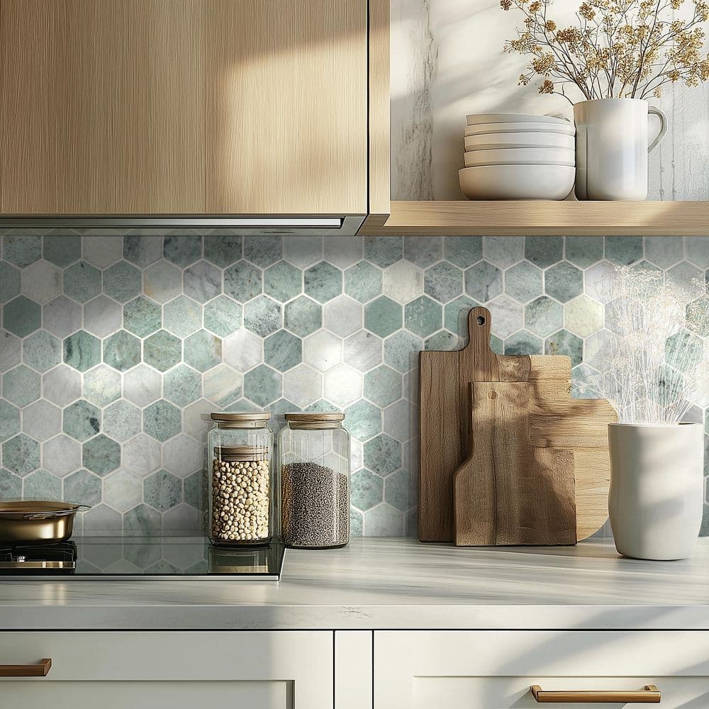 MSI Icelandic Green 2 in. Hexagon 12 in. x 12 in. x 0.38 in. Polished Marble Mesh-Mounted Tile (0.98 sq. ft./Each) (3)