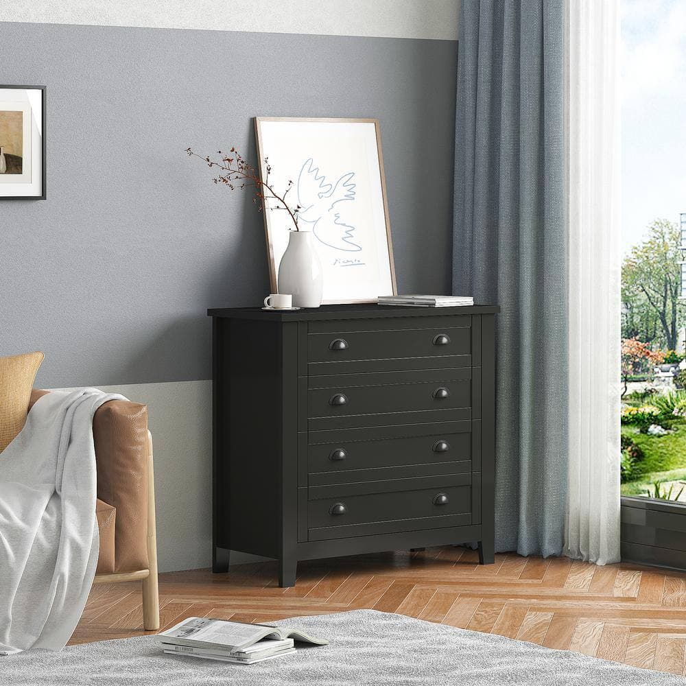 Unbranded 37.8 in. W x 17.7 in. D x 36 in. H Black Wood Linen Cabinet with 4 Drawers and Shell-Shaped Handles (2)