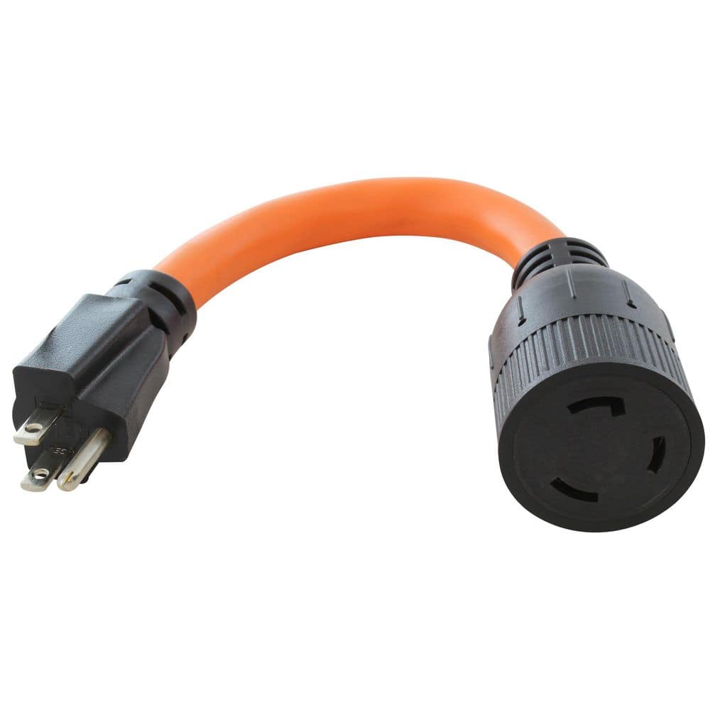 AC WORKS NEMA 5-15P Household Plug to NEMA L5-30R 30A Adapter 1 ft. 10 / 3 STW Indoor/Outdoor Cord in Orange (1)