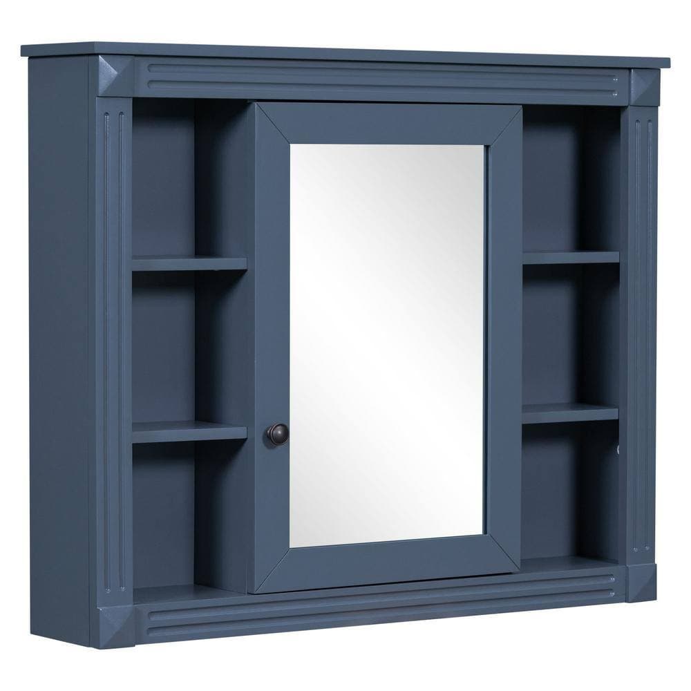 Unbranded 35 in. W x 7.1 in. D x 28.7 in. H Bathroom Storage Wall Cabinet in Blue with 6 Open Shelves and Mirror (1)