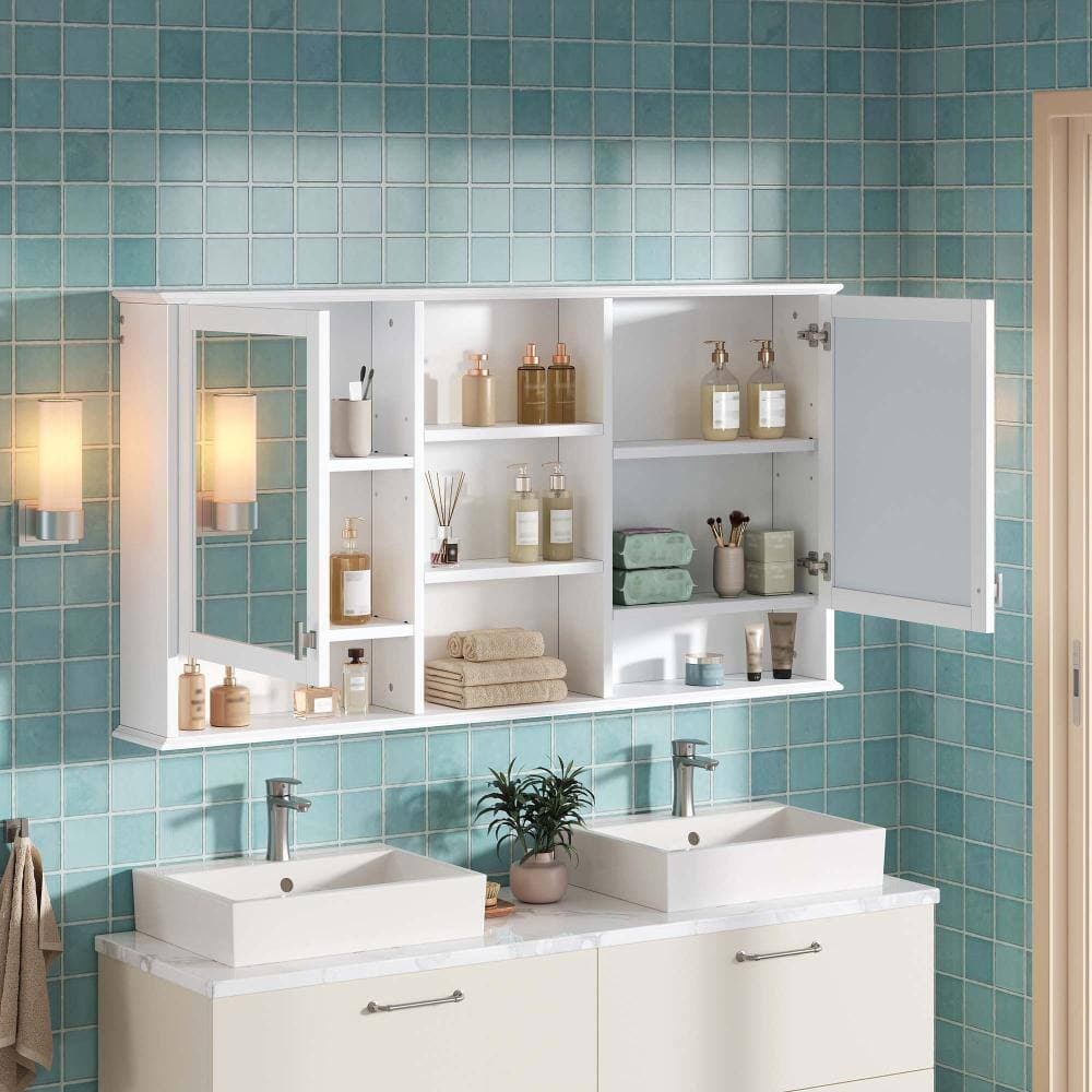 XUJMK 55 in. W x 7 in. D x 29 in. H Bathroom Storage Wall Cabinet, Storage Cabinet in White with Mirrored, Adjustable Shelves (3)