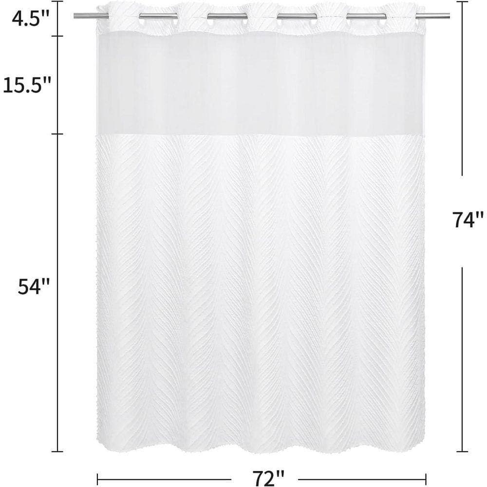 JFVKAF No Hook Boho Tufted Leaves Shower Curtain and Snap Liner Set with See Through Top Window 72x74 White Polyester (2)