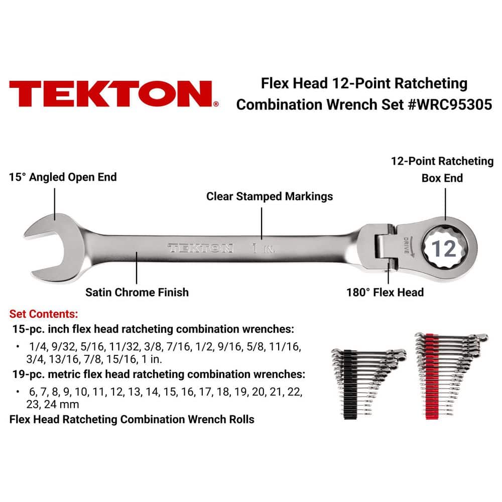 TEKTON 34-Piece (1/4-1 in., 6-24 mm) Flex Head 12-Point Ratcheting Combination Wrench Set with Modular Slotted Organizer (2)