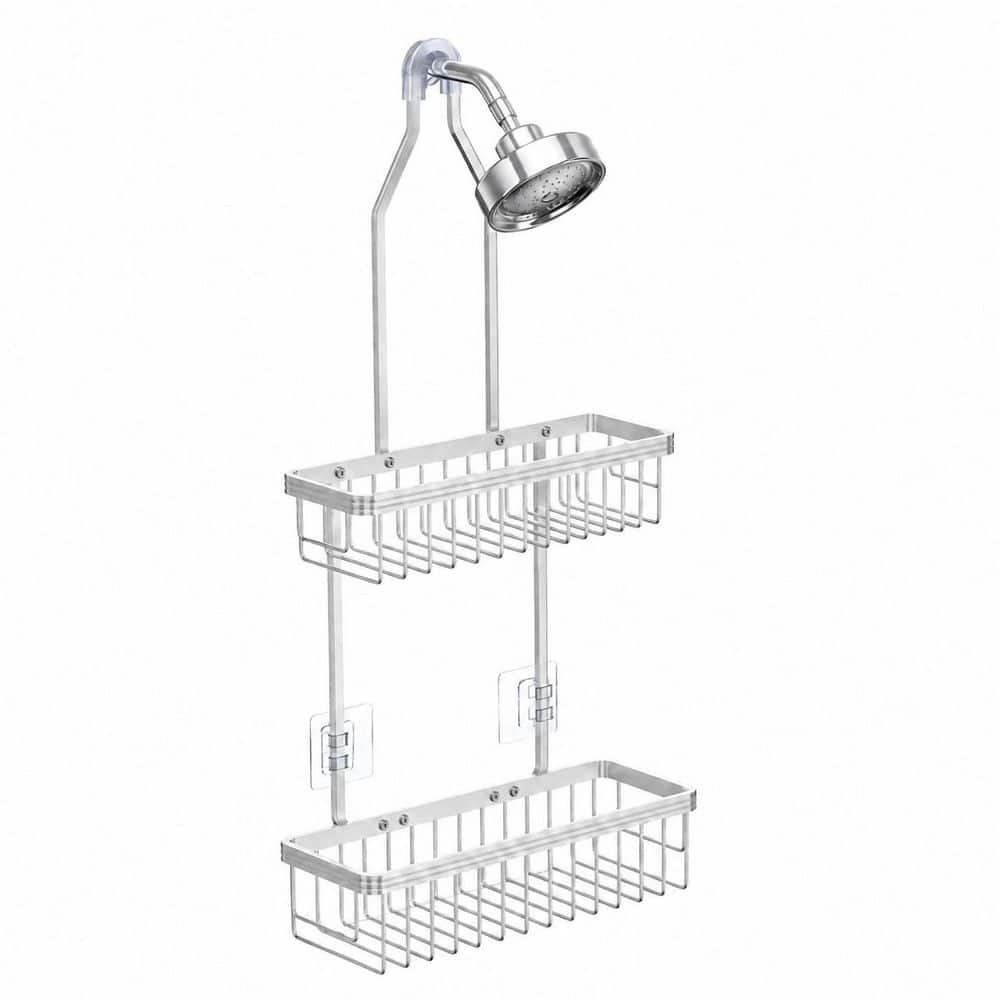Anqtovp Hanging Anti-Rust Aluminum 2-Tier Shower Caddy with Soap Dish and Removable Hooks in Bright Silver