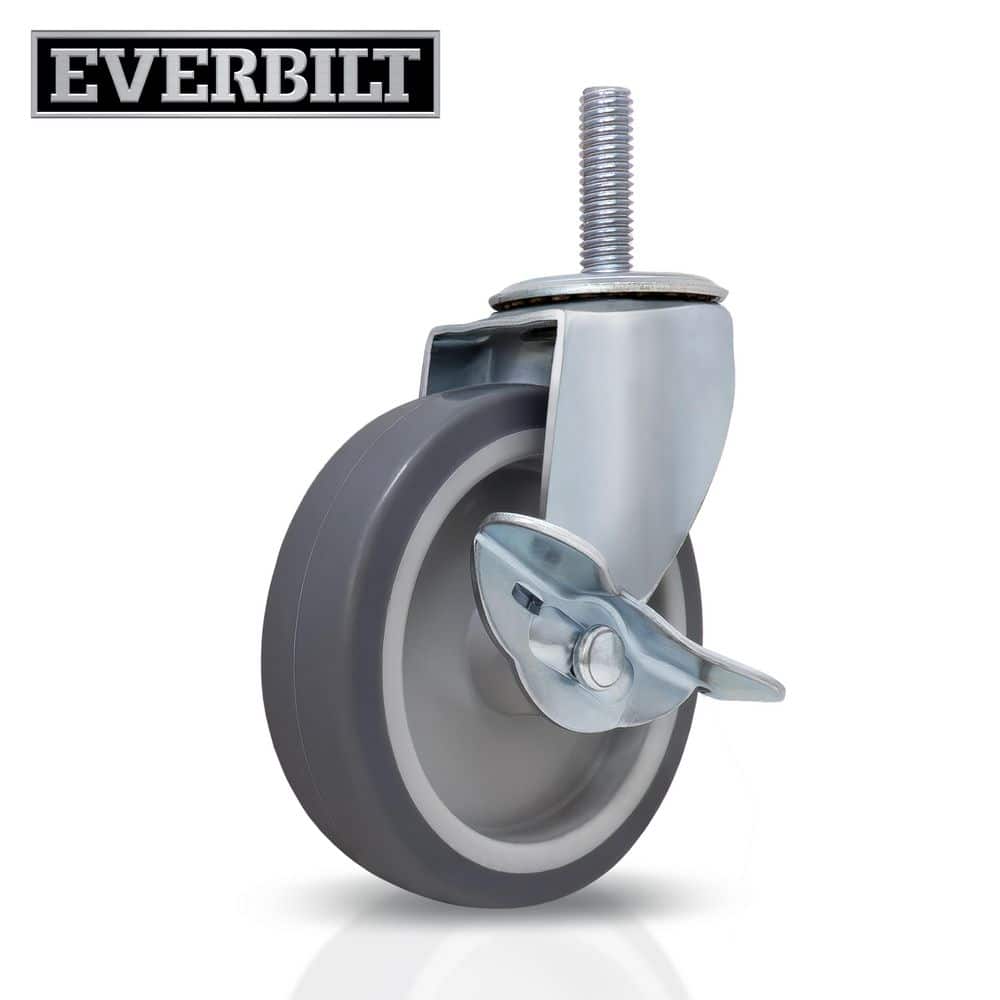 Everbilt 4 in. Gray Rubber Like TPR and Steel Swivel Threaded Stem Caster with Locking Brake and 130 lb. Load Rating