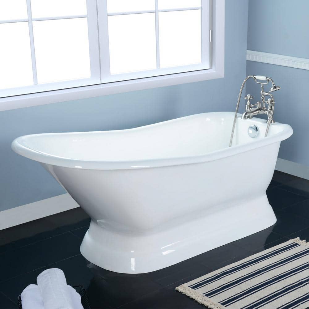 Unbranded 66 in. Cast Iron Single Slipper Pedestal Flatbottom Bathtub with 7 in. Deck Holes in White (2)