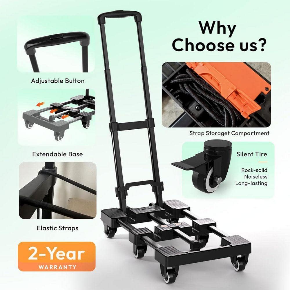 Primehome Heavy-Duty 6-Wheel Folding Hand Truck, 500 lbs. Capacity Dolly Cart with Elastic Ropes for Moving, Travel and Storage (2)