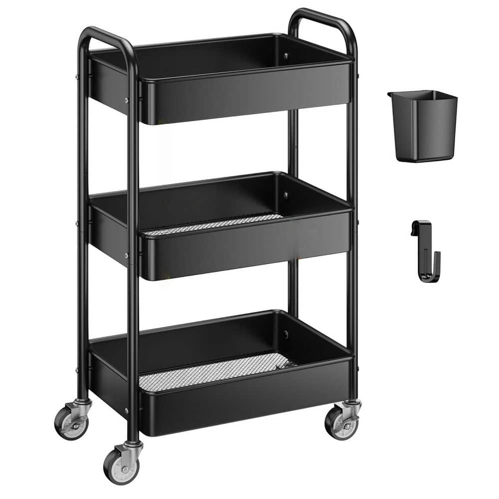 Numhew 3 Tier Rolling Metal Vanity/Cosmetic Organizers 17 in. x 12 in. x 30 in. Utility Storage Cart Organizer in Black