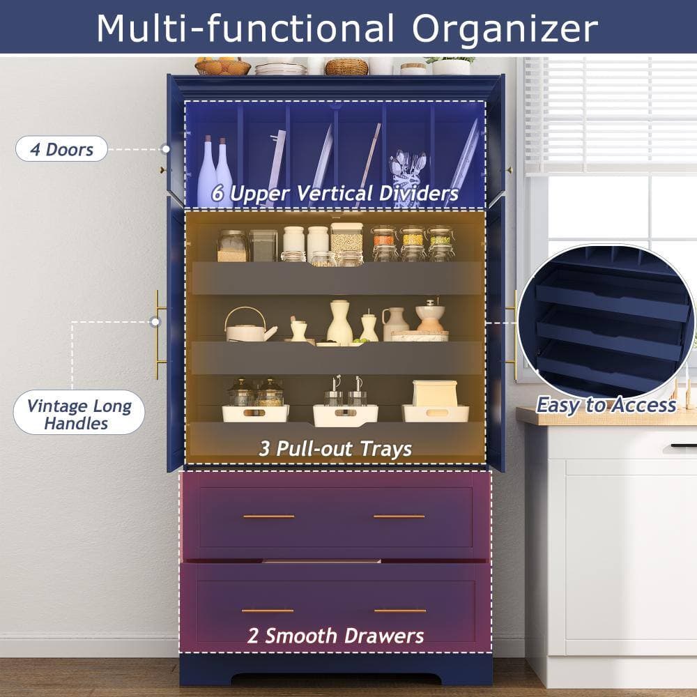 COWLOWN 40 in. W x 18 in. D x 72.6 in. H Blue Linen Cabinet with Pull-out Trays, Drawers and Cake Pan Storage Organizer (3)
