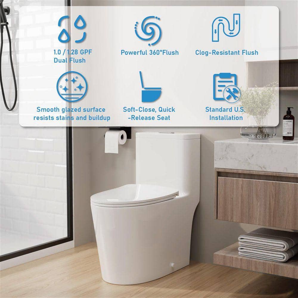 GIVING TREE 1-Piece 1.0/1.28 GPF High Efficiency Dual Flush Elongated ADA Chair Height Toilet in Gloss White Soft-Close Seat (2)
