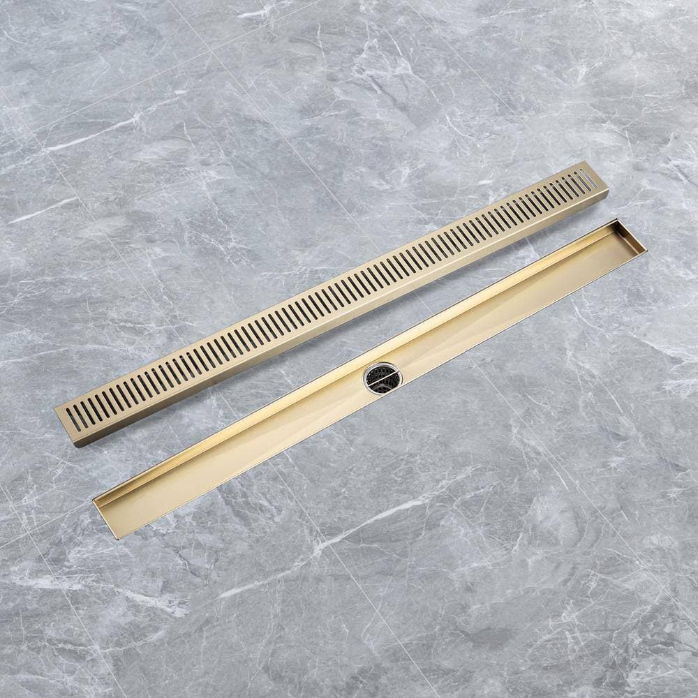RAINLEX 32 in. Stainless Steel Linear Shower Drain with Square Pattern Drain Cover in Brushed Gold (3)