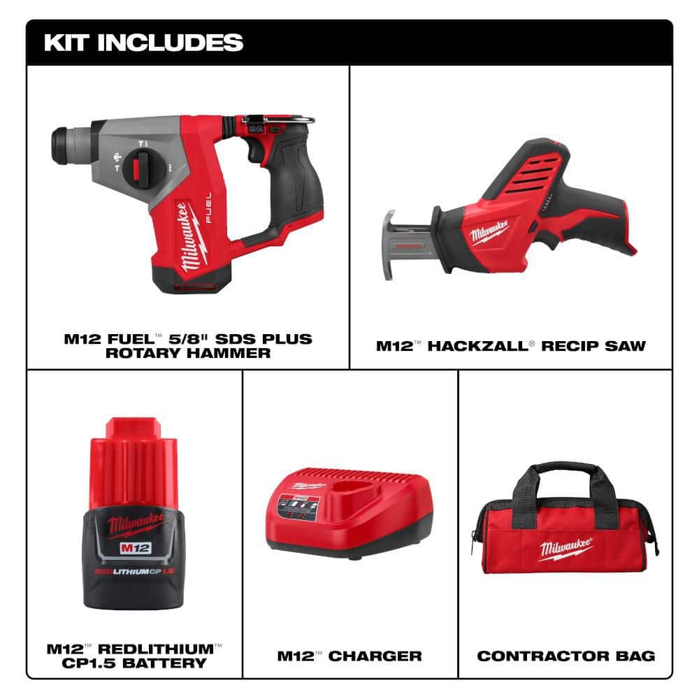 Milwaukee M12 FUEL 12V Lithium-Ion Brushless Cordless 5/8 in. SDS-Plus Rotary Hammer Drill, & HACKZALL Kit (2)