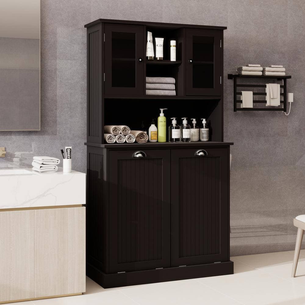 COWLOWN 32.68 in. W x 14.57 in. D x 59.69 in. H Black Linen Cabinet Two-Compartment Tilt-Out Dirty Laundry Basket (3)