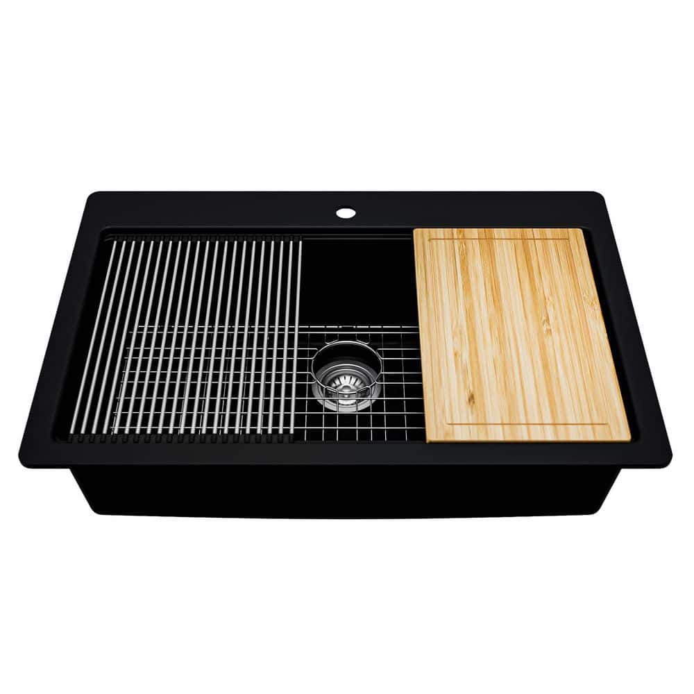 Glacier Bay Stonehaven 33 in. Drop-In Single Bowl Black Granite Composite Workstation Kitchen Sink with Accessories