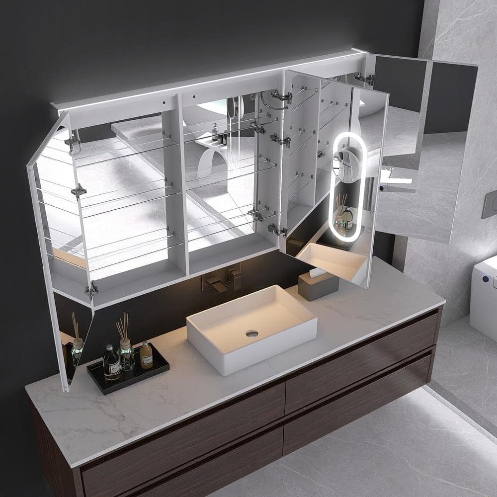 MEDUNJESS 60 in. W x 36 in. H Rectangular Silver Aluminum Recessed/Surface Mount Medicine Cabinet with Mirror and LED (2)