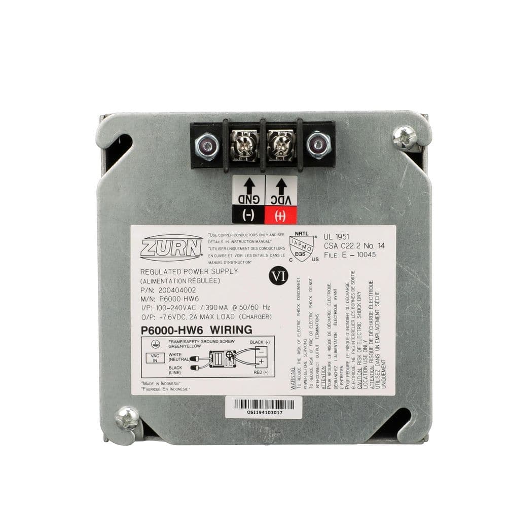 Zurn 7.6VDC Hardwired Power Converter for 6VDC Flush Valves and Faucets (1)
