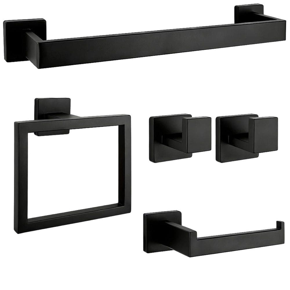 Numhew 5-Piece 16 in. Matte Black Bathroom Hardware Accessories Set, Wall Mounted Stainless Steel Towel Racks, Towel Bars (1)