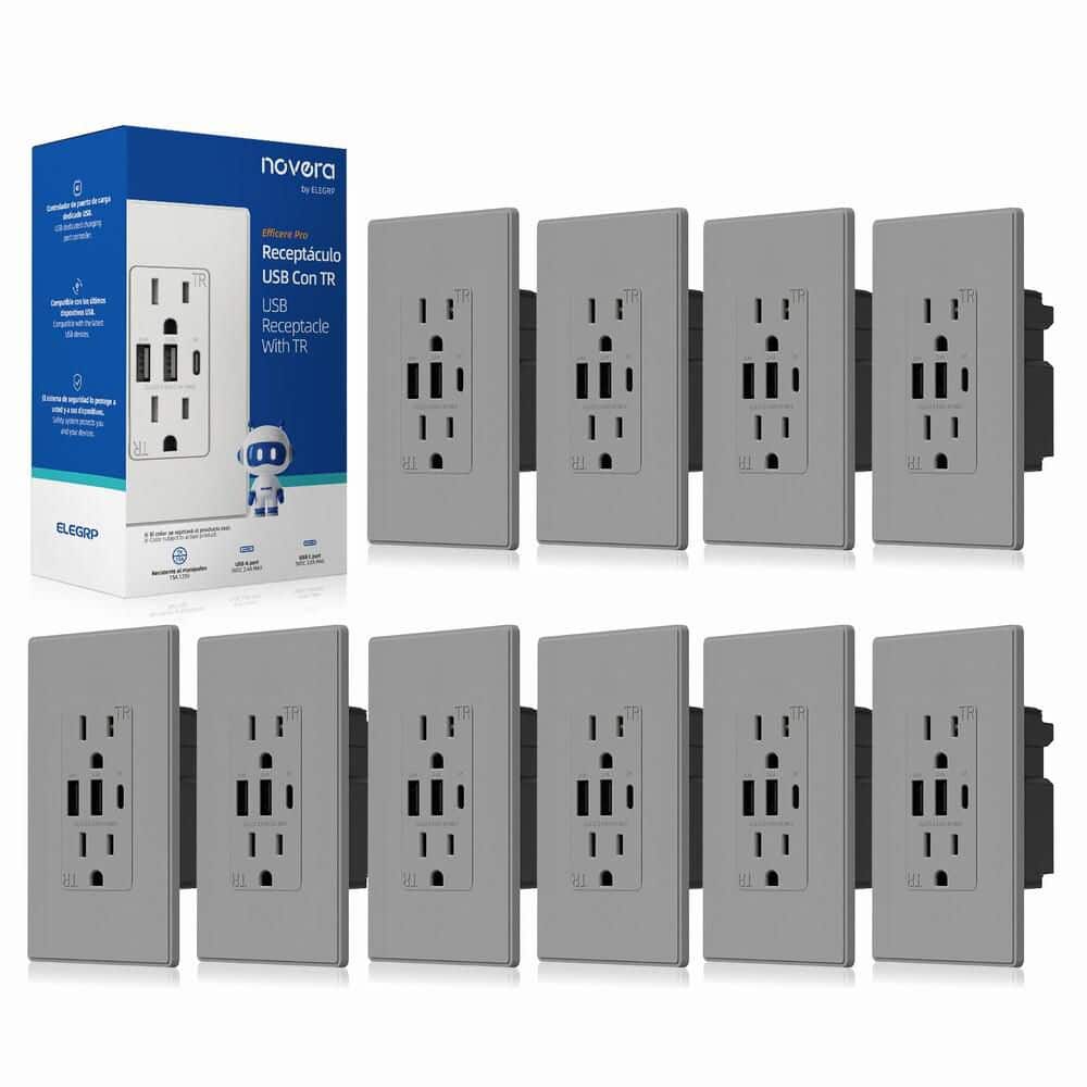 ELEGRP 30W 6.0 Amp 3-Port USB Wall Outlet 15A Duplex Receptacle with Dual USB Ports w/ Srewless Wall Plate, Matte Grey 10-Piece (1)