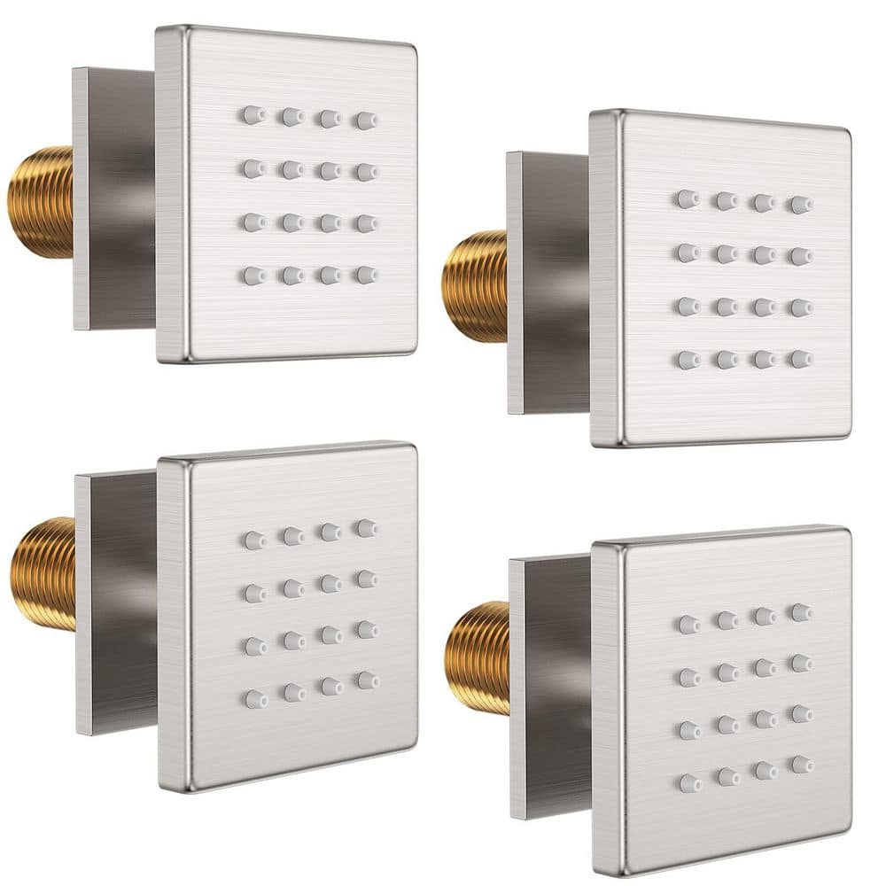 Helhom 4-Pack Brass Square 1/2 in. NPT Thread Shower Body Spray Jets in Brushed Nickel, Wall Mount Spa Massage Shower Nozzles (1)
