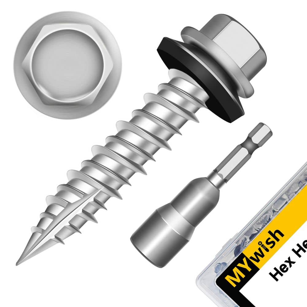 MYWISH #10 x 1 in. Zinc Plated Hex Head Self Drilling Metal Roofing Screws with EPDM Rubber Washer (300-Piece/Case) (1)