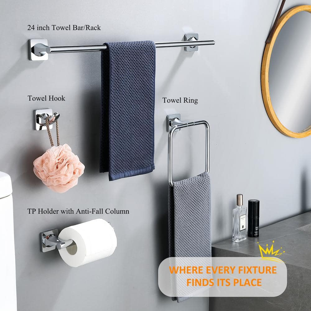 ruiling 5-Piece Wall-Mount Bath Hardware Set with 24 in. Towel Bar TP Holder Towel Ring 2 Towel Hooks in Polished Chrome (2)