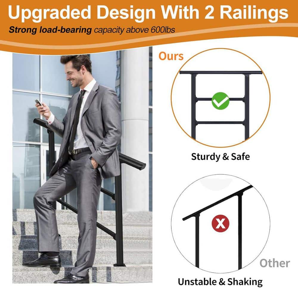 Afoxsos 1-2 Steps Black Wrought Iron Outdoor Handrail for Cable Railing System with Plastic End Caps, Adjustable Angle for Deck (3)