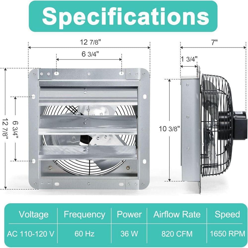 KIWDZFU 10 in. Shutter Exhaust Fan, Wall Mount Attic Fan with Power Cord for Greenhouses, 820 CFM (2)