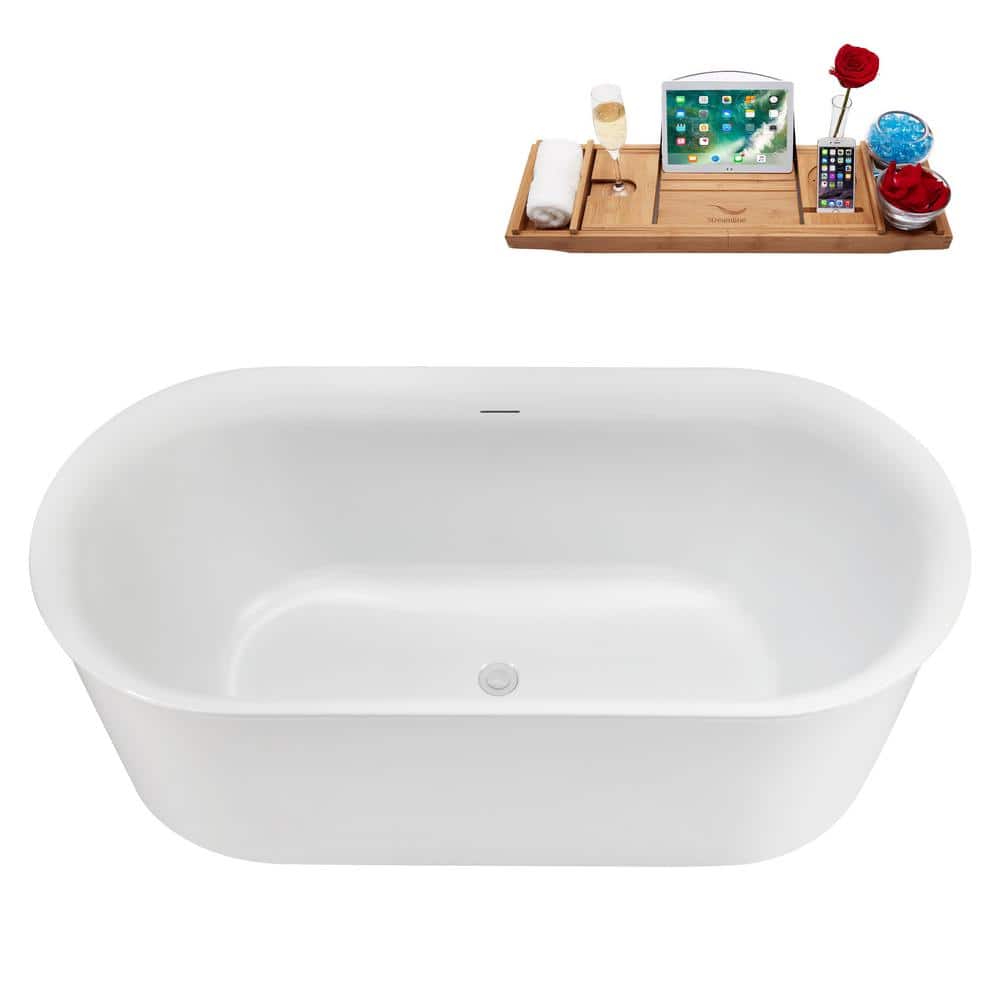 Streamline 59 in. x 28 in. Acrylic Freestanding Soaking Bathtub in Glossy White with Glossy White Drain, Bamboo Tray (3)