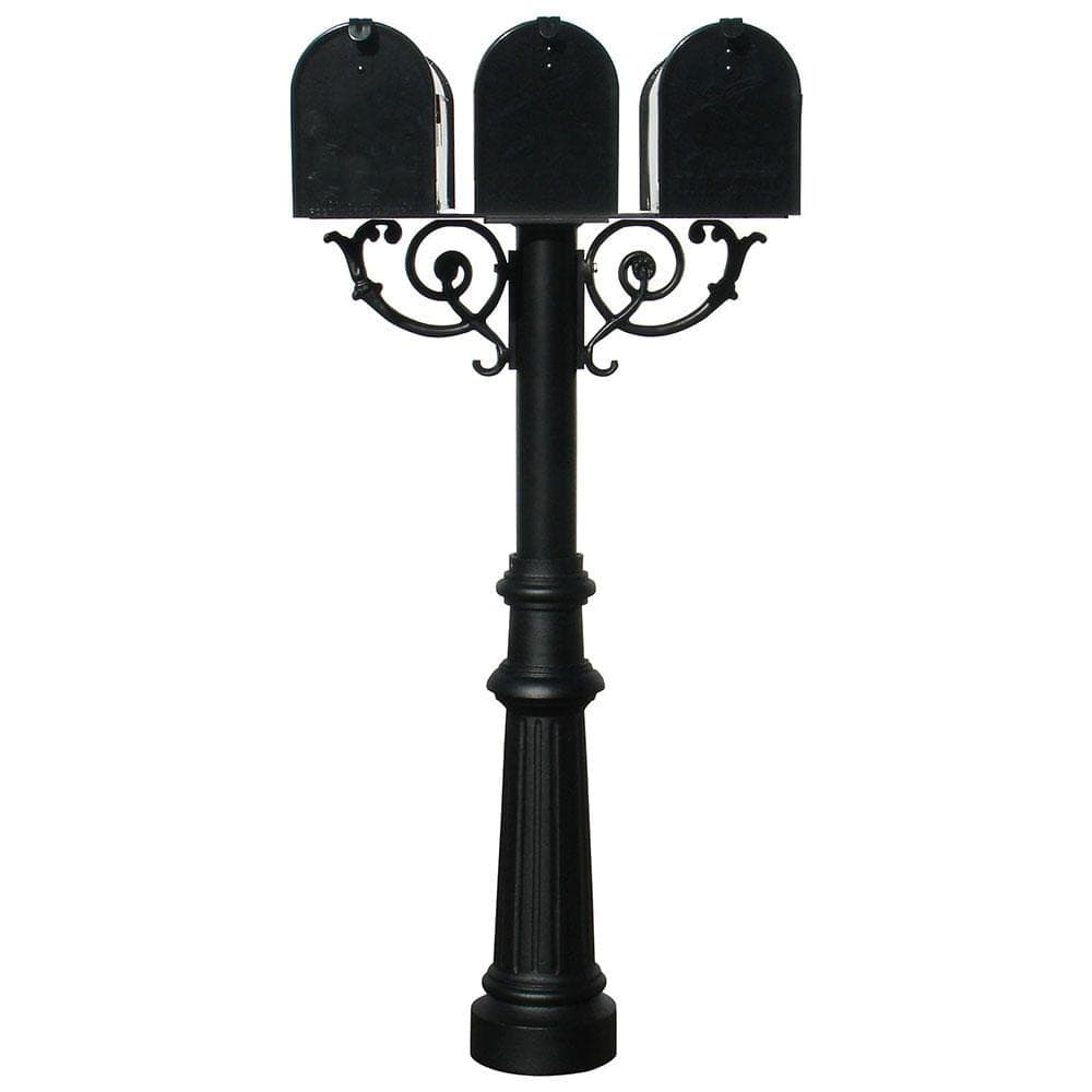 Unbranded Hanford Triple Black Post System Non-Locking Mailbox with Scroll Supports, Fluted Base and 3 E1 Mailboxes (1)