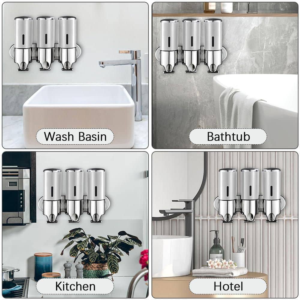 Wudkey 3 in 1 Chamber Wall Mounted Silver Bathroom Shower Pump Dispenser and Organizer for Shampoo, Soap and Conditioner (3)