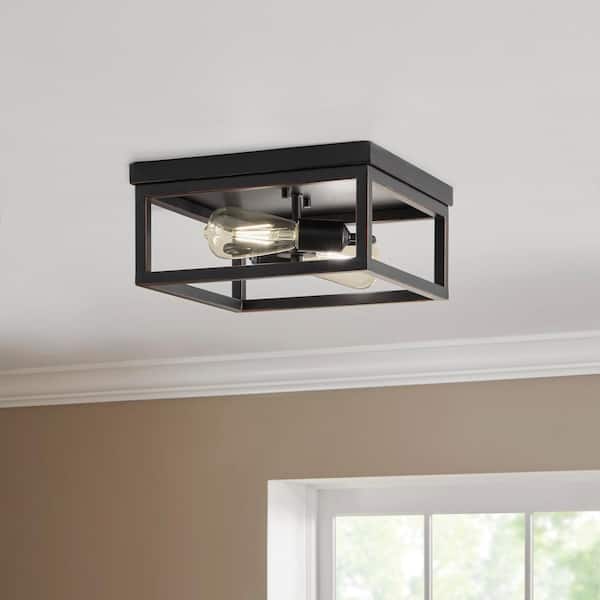 Hampton Bay Boswell Quarter 12-1/2 in. 2-Light Black Industrial Open Cage Flush Mount Ceiling Light