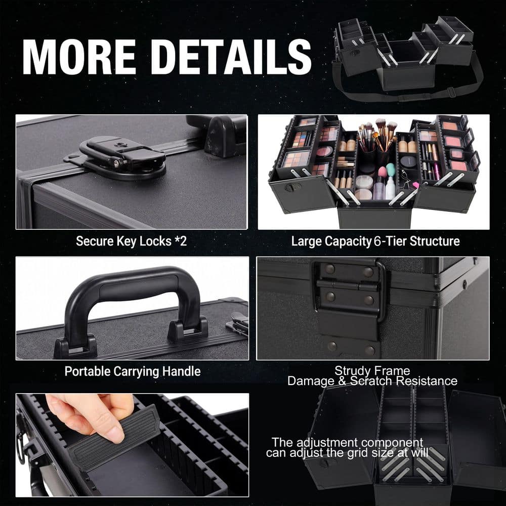 Tatayosi 14 in. Professional Large Makeup Train Case, Lockable Cosmetic Organizer Box with 6 Adjustable Trays in Black (3)