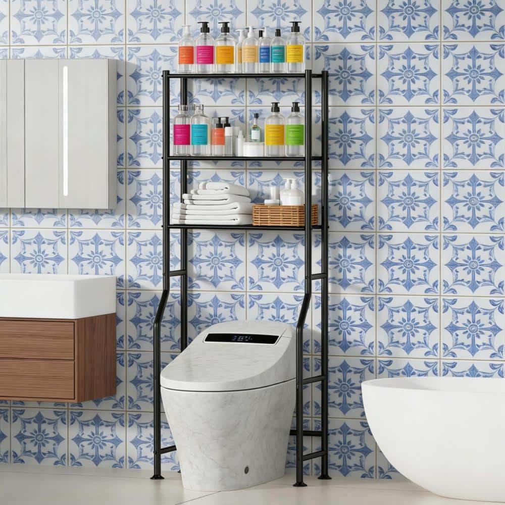 Whatseaso 26 in. W x 64 in. H x 10 in. D Black Over The Toilet Storage with 3 Shelves (2)