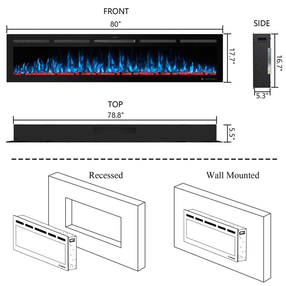 Delandgrand 80 in. Smart Electric Fireplace Inserts Recessed and Wall Mounted Fireplace with Thermostat, Multi-Color Flames (3)