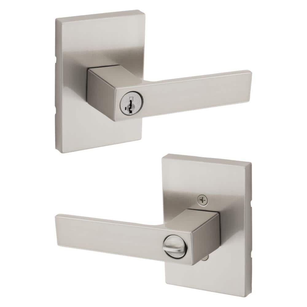 Kwikset Singapore Satin Nickel Reversible Rectangular Straight Keyed Entry Door Handle featuring SmartKey Technology