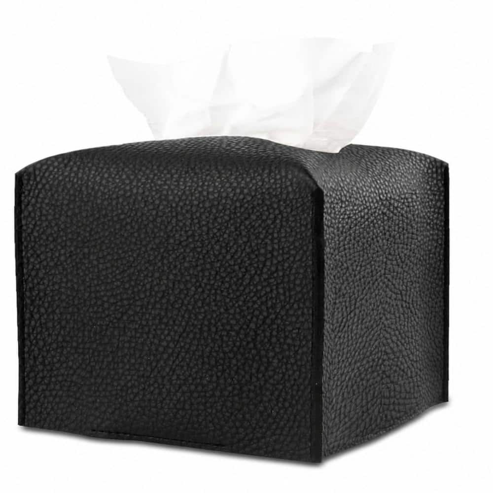 Unbranded Square Leather Tissue Box Cover, 5x5x5 in, Velcro Bottom Belt, Black Faux Leather, Decor for Bathroom