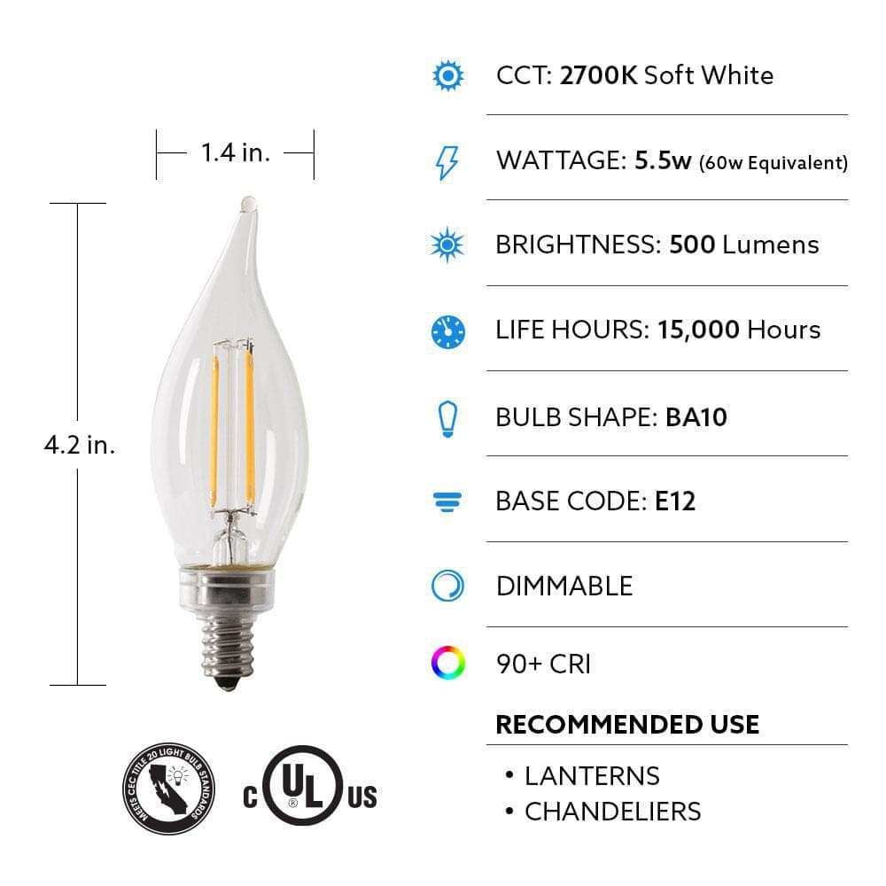 Feit Electric 60-Watt Equivalent BA10 E12 Candelabra Dimmable Filament CEC Clear Chandelier LED Light Bulb, Soft White 2700K (4-Pack) (4)