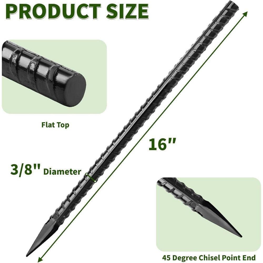KIWDZFU 16 in. Black Heavy Duty Ground Rebar Straight Stakes, 3/8" Thickness with Chisel Point End for Concrete Timber, 16-Pack (2)