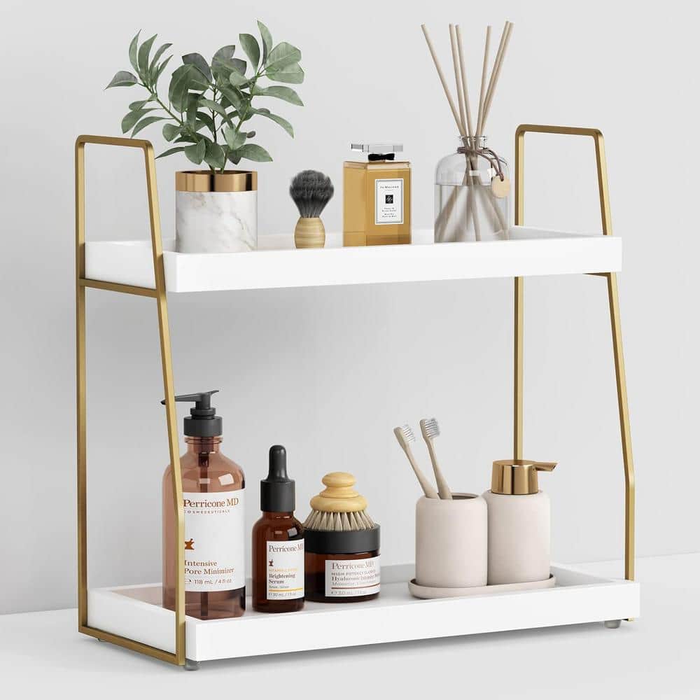 Adrinfly Countertop Bathroom Trays Organizer with Vanity Storage in White and Gold 2-Tier, Wooden (1)