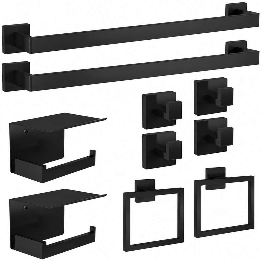 Unbranded 10-Piece Matte Black Stainless Steel Bathroom Hardware Set Wall Mounted 24 in. Towel Bar Ring Holder