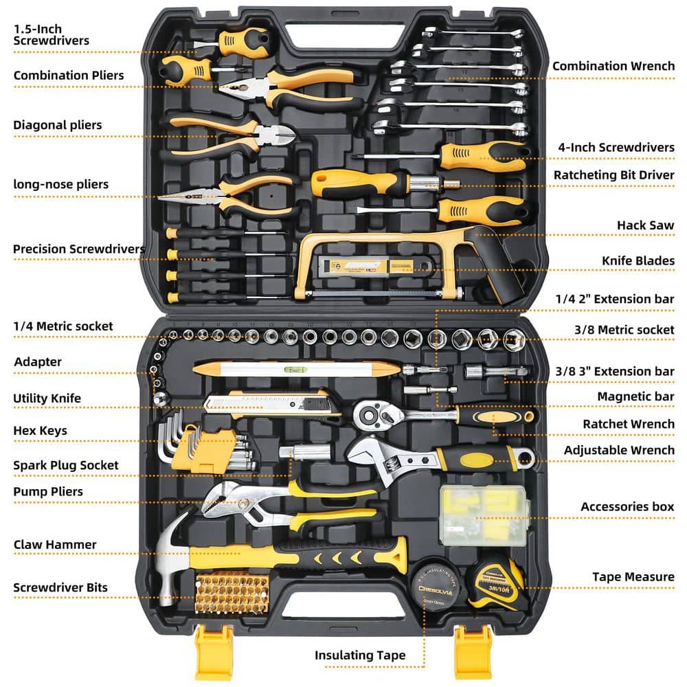 Laybus 199-Piece Yellow Basic Household Auto Repair Tool Set with Plastic Toolbox Storage Case Pliers Wrench Combination (2)
