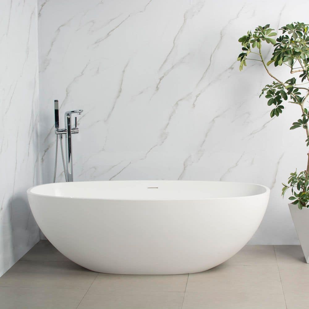WELLFOR 65 in. x 29.5 in. Artificial Stone Soaking Bathtub in Matte White Solid Surface with Overflow and Pop-up Drain (1)