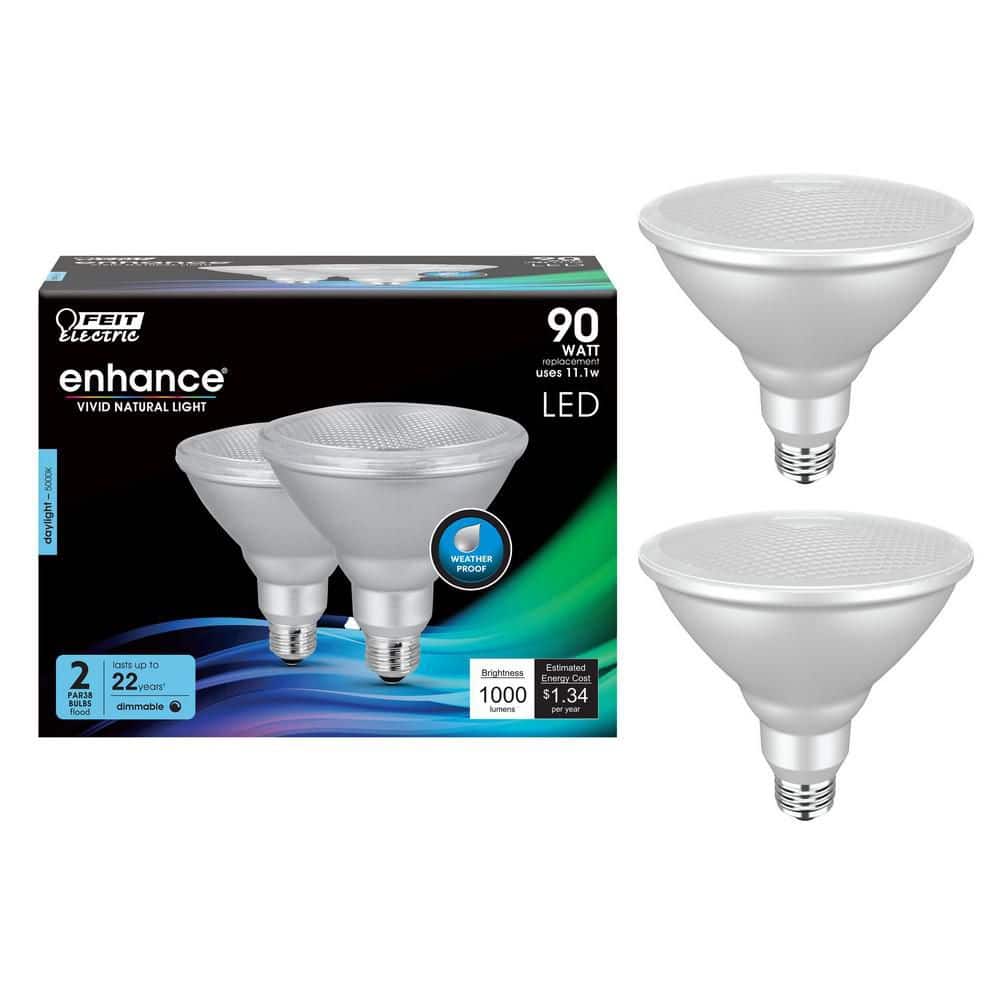 Feit Electric 90-Watt Equivalent PAR38 Dimmable CEC Title 20 Outdoor 90 E26 Medium Flood LED Light Bulb, Bright White 3000K (2-Pack) (2)