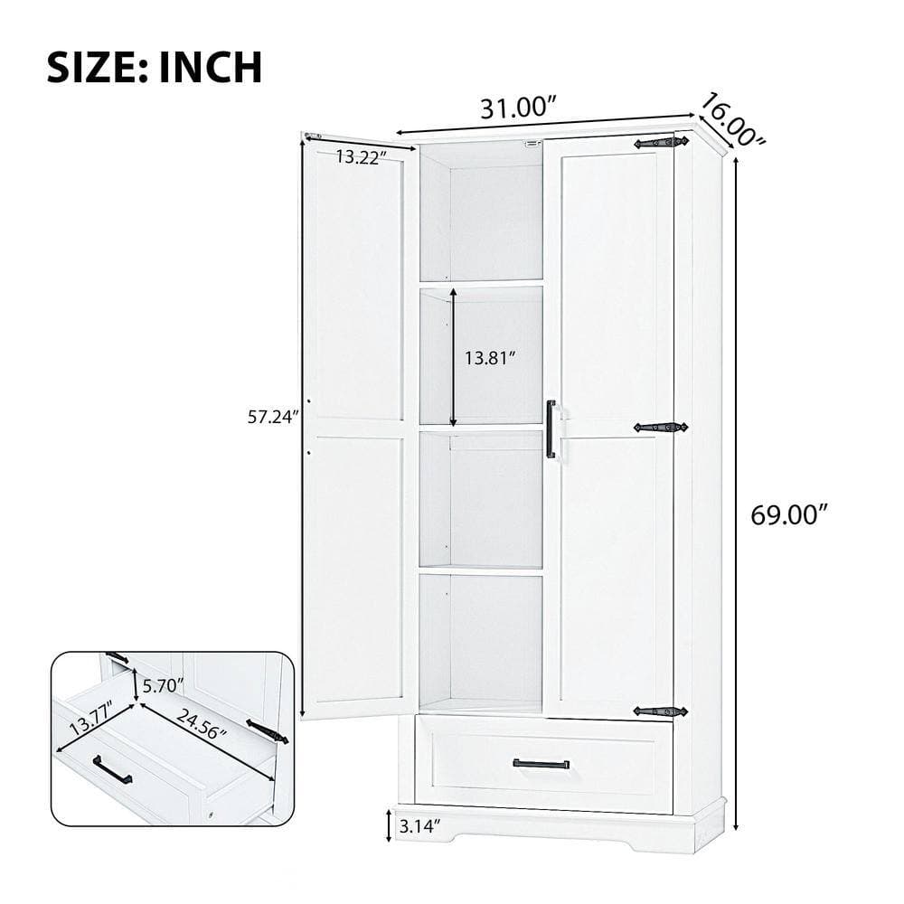 cadeninc 31 in. W x 16 in. D x 69 in. H White Bathroom Storage Cabinet Linen Cabinet with 2-Doors and Drawer, Adjustable Shelf (2)