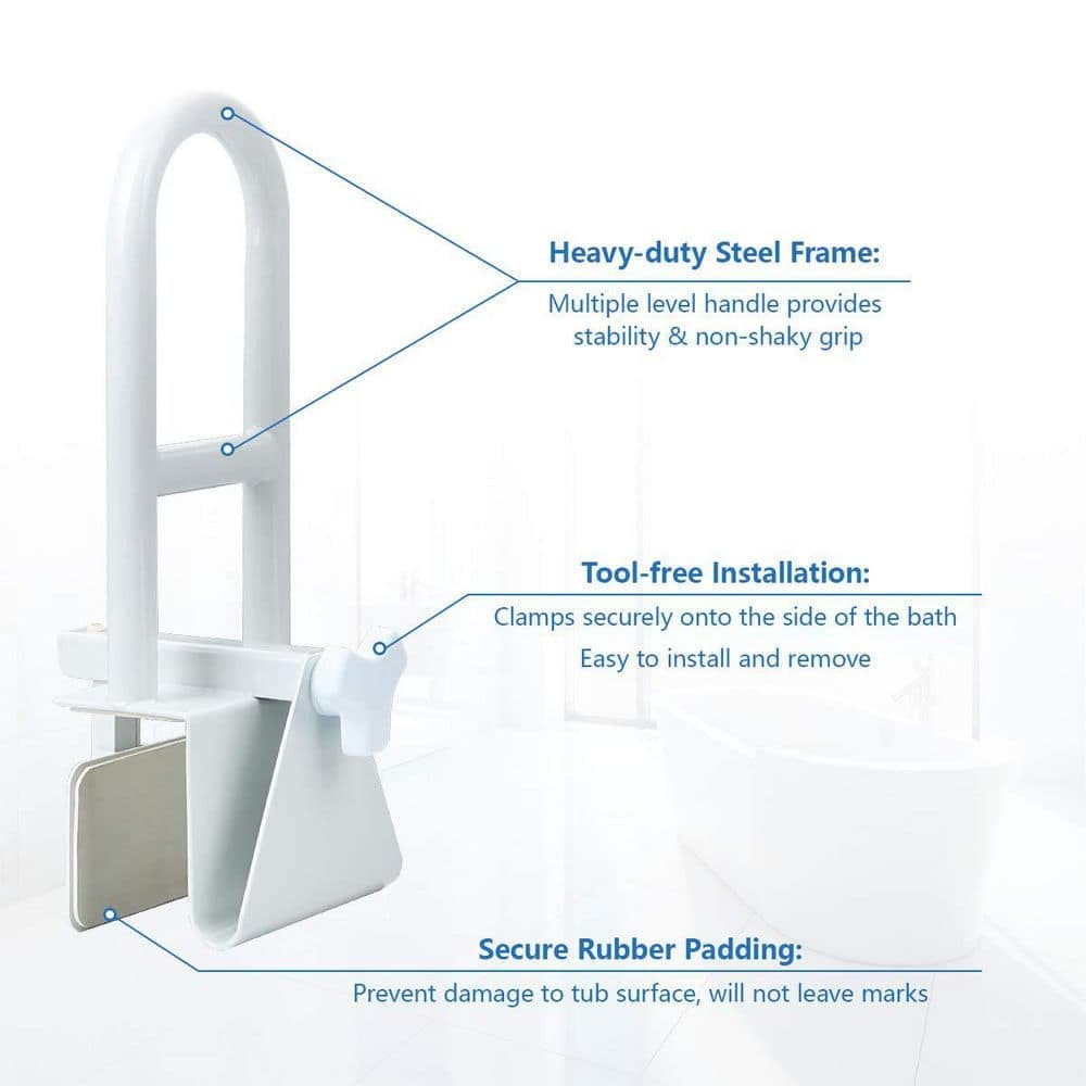 NVNOO 17 in. Steel Bathtub Safety Rail, Adjustable Tub Grab Handle Clamp Safety Handrail Support for Elderly Handicap, White (2)